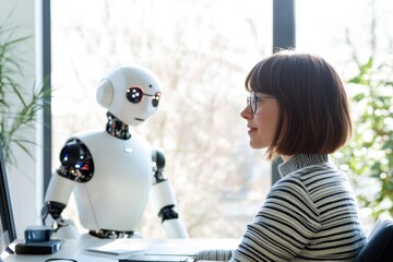 Robot interaction with a professional woman at a desk, exploring AI technology and automation in modern workplace settings. Innovation, collaboration, and future trends.