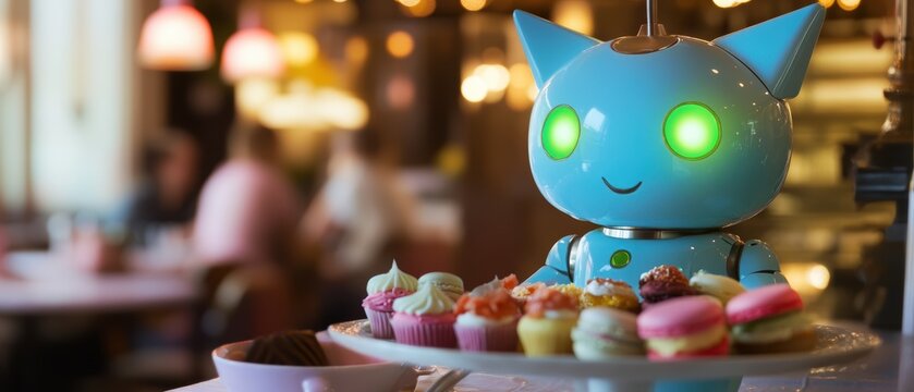 Robot server delivering colorful macarons at trendy cafÃ©, showcasing automation, technology, and modern dining experiences in a vibrant social setting. - Powered by Adobe