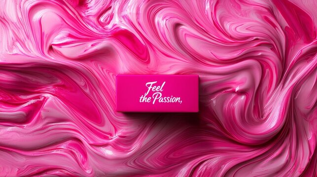 Abstract love box with swirling pink patterns and a neon sign saying Feel the Passion, modern artistic approach, vivid colors