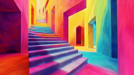 A stunning abstract image of a staircase with vivid, multicolored walls, showcasing modern art and vibrant design.