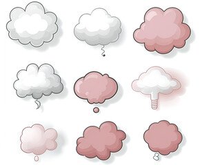 Cute Cartoon Cloud Speech Bubbles: A collection of twelve adorable cartoon-style cloud speech bubbles in soft pink and gray tones, perfect for adding a touch of whimsy to your designs.