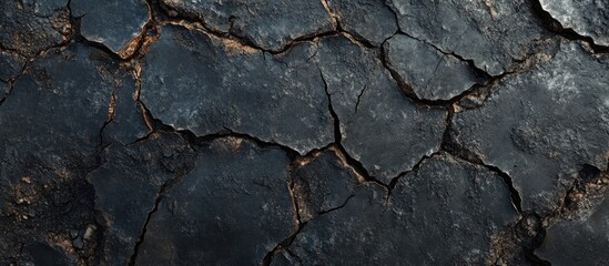 Fototapeta premium Cracked black asphalt surface showcasing extensive wear and deterioration with prominent fissures and rough textures emphasizing maintenance needs