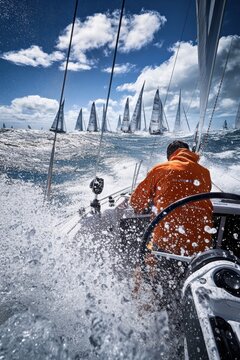 Sailing yacht, captain focused on steering through waves during a regatta with multiple boats in the background, capturing the excitement of competitive sailing.