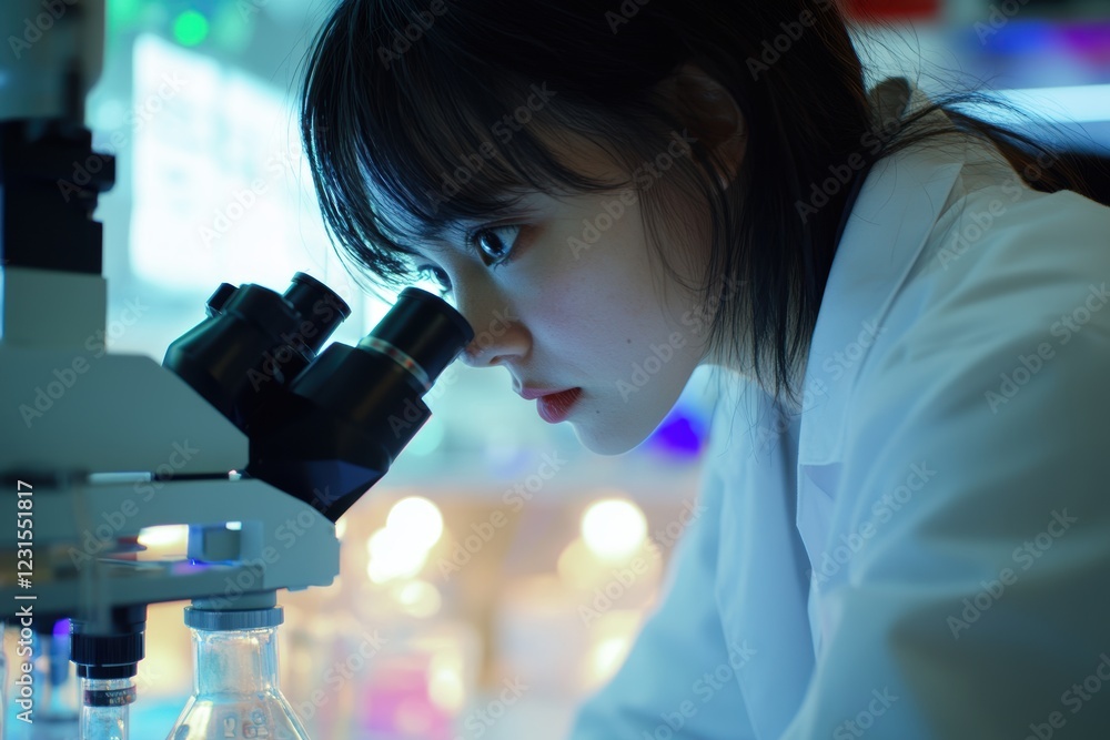 Poster scientist examining samples under a microscope in a modern laboratory, focused on research and analy