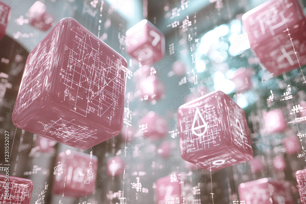 Poster digital data cubes: abstract digital art depicting numerous translucent pink cubes floating in a cyb