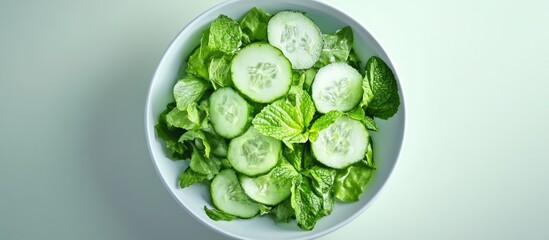 Obraz premium Fresh vibrant green salad with sliced cucumbers arranged in a white bowl, showcasing various leafy greens against a soft pastel background.