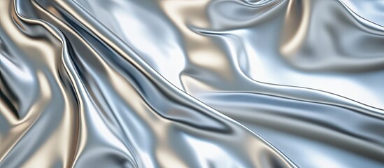 Shimmering silver satin fabric with soft folds and a glossy texture, exhibiting a mix of light and dark reflections, ideal for elegant backgrounds.