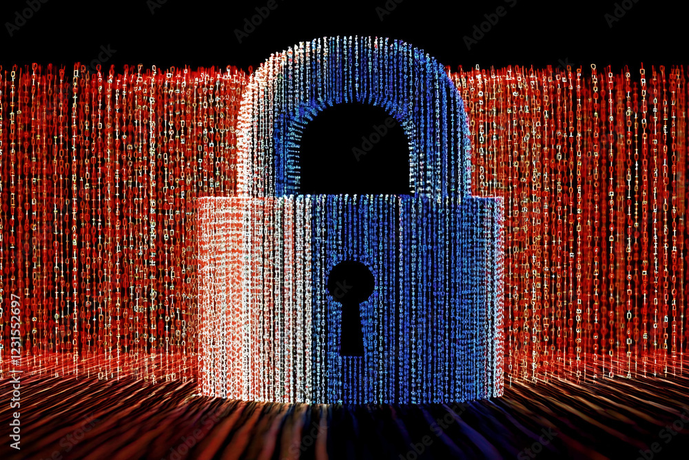 Poster digital fortress: a gleaming, metallic padlock composed of digital code stands guard, its keyhole gl