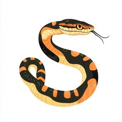 Fototapeta premium Orange and Black Snake With Flicking Tongue Curled Up on White Background in Cartoonish Style