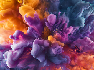 Fototapeta premium Abstract Swirling Colors: A mesmerizing dance of vibrant colors as swirling purple, orange, and blue inks blend and collide, creating a captivating abstract artwork.
