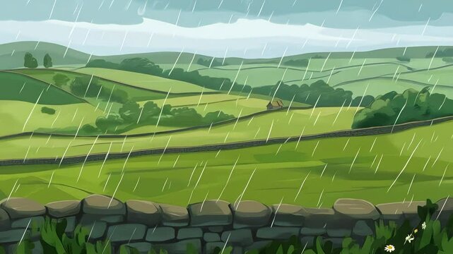 anime cartoon rainy day in lush green landscape