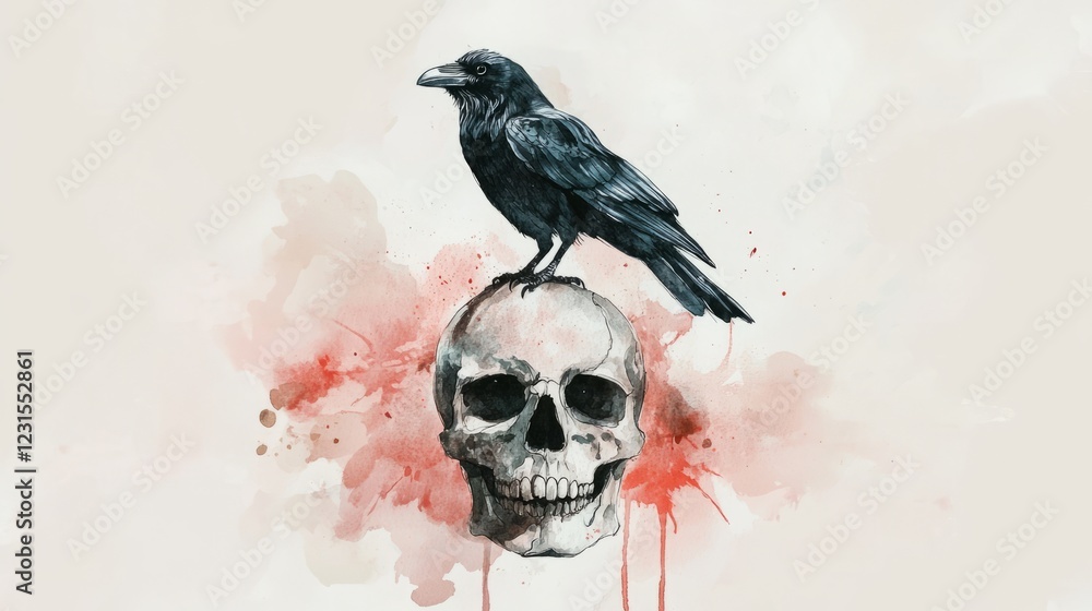 Poster artistic watercolor of a raven on a skull with red splashes, creating a dramatic and mysterious atmo