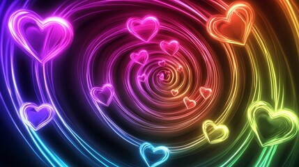 Animated GIF of neon hearts appearing one by one in a spiral motion, vibrant gradient colors, smooth transitions, modern aesthetic