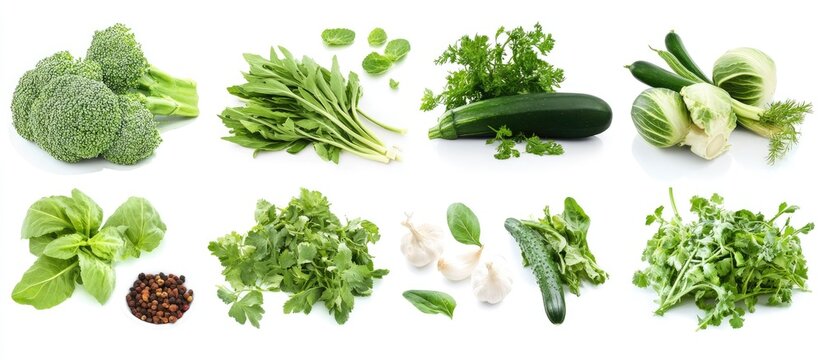 Vibrant arrangement of fresh organic green vegetables including broccoli zucchini lettuce and herbs positioned on a bright white background