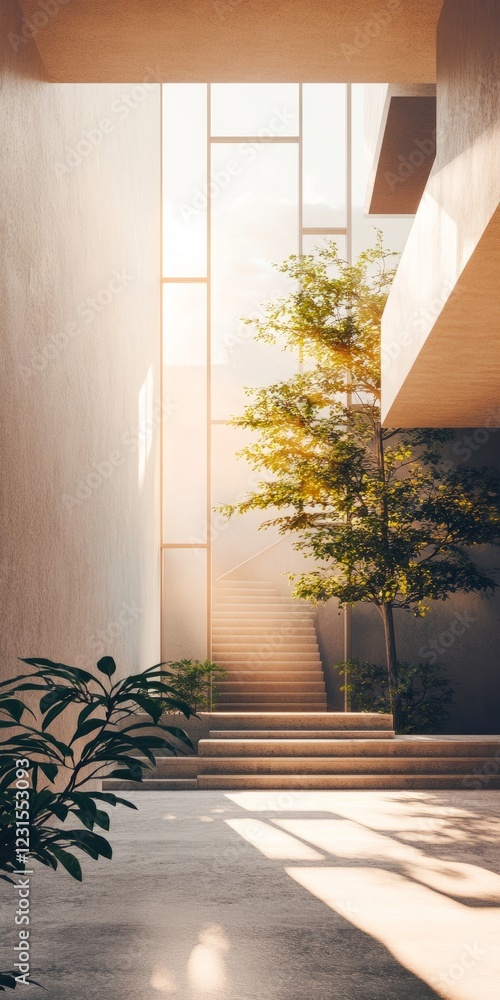 Poster a staircase is in the middle of a room with a tree in the background. the tree is green and has leav