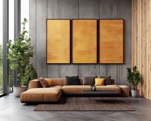 Modern minimalist living room design with beige sofa, decorative cushions, and vibrant artwork on concrete wall
