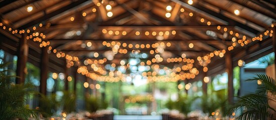 Rustic venue with blurred hanging string lights in warm yellow tones throughout wooden beams and greenery creating a cozy atmosphere.