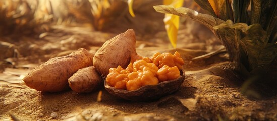 Vibrant orange and earthy brown sweet potatoes placed on a textured surface with wheat-like plants in the background, featuring rich colors and natural light.
