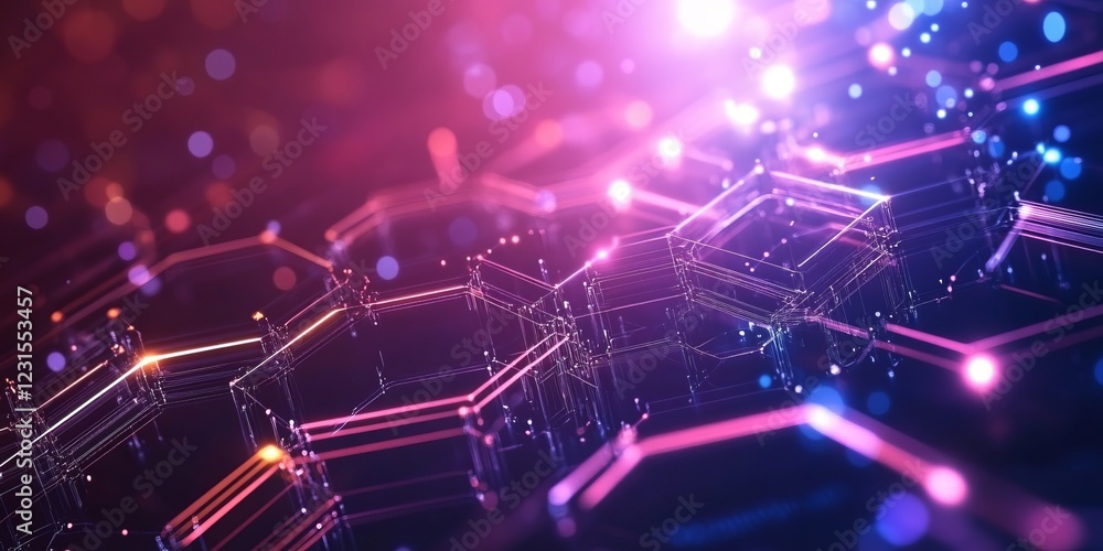 Poster abstract digital blockchain network with glowing hexagons in vibrant neon colors, representing techn