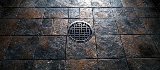 Elegant stone tiled shower floor with gray and brown tones, featuring a central drain and modern tiles, creating a stylish bathroom atmosphere.
