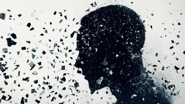 Abstract profile of a person disintegrating into dark grey and black fragments against a white background.  Dark, moody, and unsettling visual