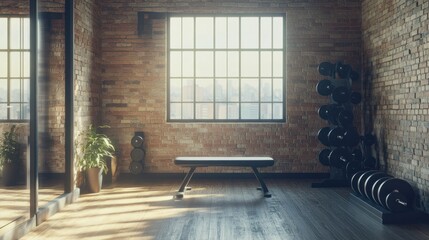 Sunlit gym interior with weight bench, rack, and brick walls.