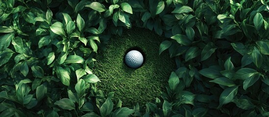 Close up of a golf ball resting in a green hole surrounded by lush grass, ideal for golf themed projects, backgrounds, and promotional use.