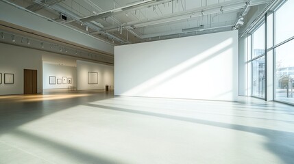 Bright and Modern Art Gallery Interior with Expansive Blank White Walls and Natural Light Streaming In