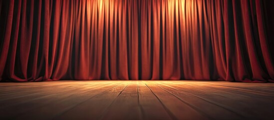 Empty theater stage with rich red curtains cascading down, spotlight illuminating the wooden floor, creating an atmospheric anticipation with ample copy space.