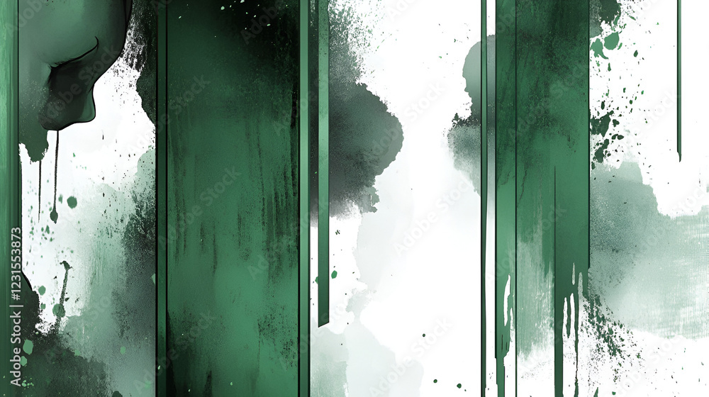 Poster abstract green ink splatter: a dynamic composition of deep green and emerald ink splatters and strea