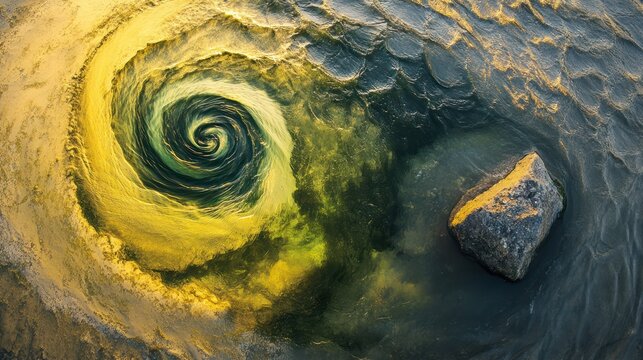 Vortex swirling water, rocky shore, sunset, nature background, website banner