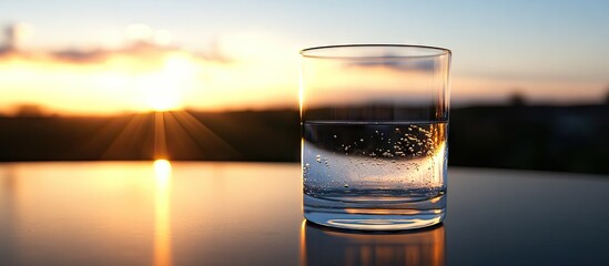 Empty glass of water on a dark reflective surface illuminated by warm sunlight with a vibrant blue sky and soft clouds creating a tranquil ambiance