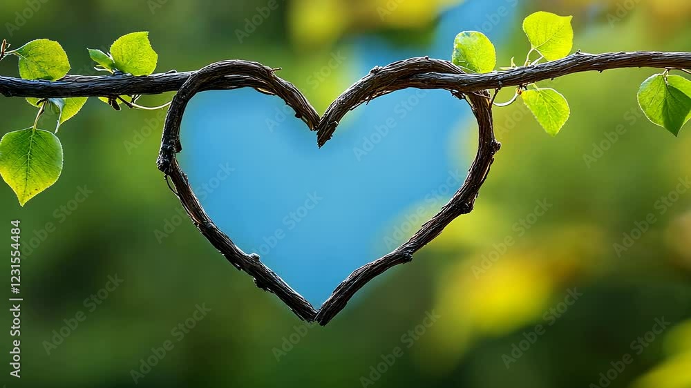 Poster heart made of branches is hanging from a tree branch. the heart is blue and has a mirror inside of i