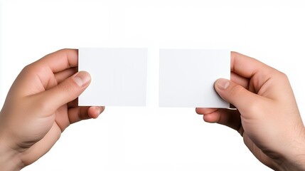Fototapeta premium Two Hands Holding Blank White Cards Against White Background