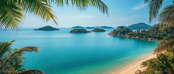 Tropical Beach with Clear Blue Water and Palm Leaves