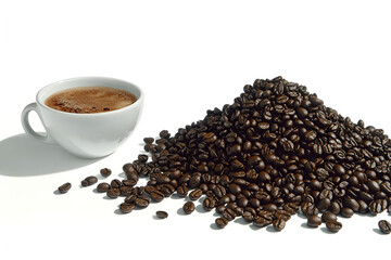 Naklejka premium Espresso and Beans: A steaming cup of espresso sits beside a rich pile of dark roasted coffee beans, ready to brew a moment of pure indulgence.