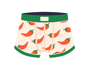 Boxer trunks with red hot chili pepper pattern. Playful funny underwear, men panties, sexy briefs with chilli vegetable print. Male underclothes. Flat vector illustration isolated on white background