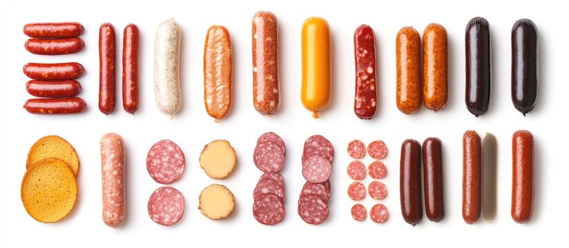 Colorful assortment of sausages on white background featuring red, brown, and yellow varieties in neat rows ideal for culinary presentations