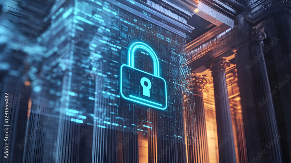 Poster digital fortress: a glowing blue padlock icon superimposed on an imposing architectural backdrop, sy