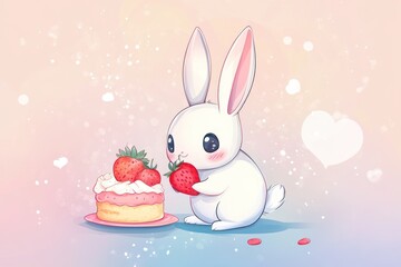 Fototapeta premium Cute bunny eating strawberry cake, pastel background, dessert, card