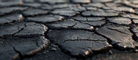 Close up of a cracked asphalt road surface with dark rubber smudges from burned tires showcasing texture and visual impact of tire marks.