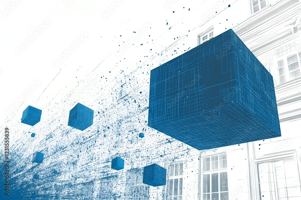 Poster digital cubes in urban space: abstract image of floating, translucent blue cubes against a backdrop 