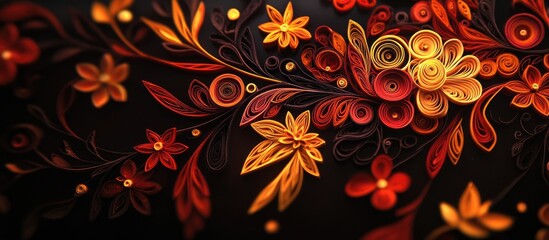 Intricate handmade quilling design in warm hues of orange, red, and yellow, detailed floral patterns against a dark background highlighting artistry.