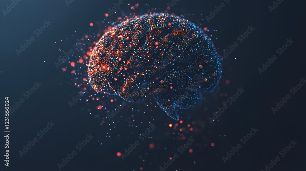 Poster digital brain: abstract representation of a human brain constructed from glowing particles, illustra