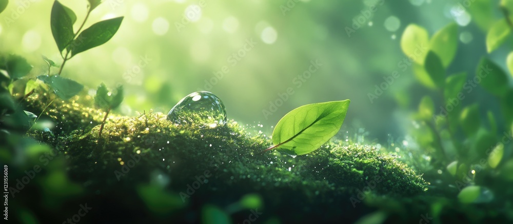 Wall mural Dew drop on a vibrant green leaf resting on soft moss with glimmers of light in a blurred lush background creating a serene natural ambiance