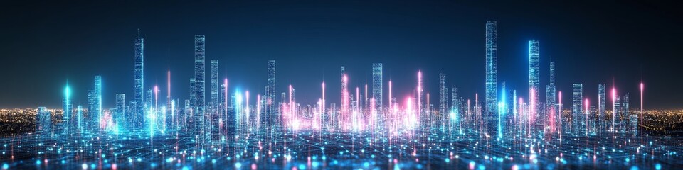 Fototapeta premium Futuristic City Skyline With Glowing Lines, Representing Digital Network, Technology And Innovation.