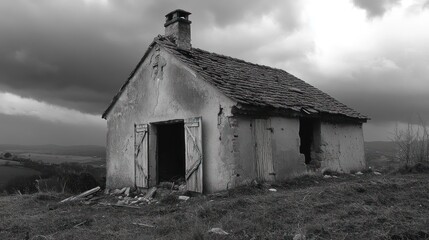 Obraz premium Solitary Ruin: A Black and White Testament to Time's Passage