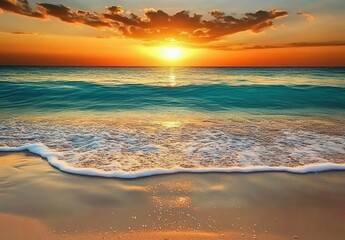 Tropical beach sunset, waves lapping shore, vibrant sky, travel poster