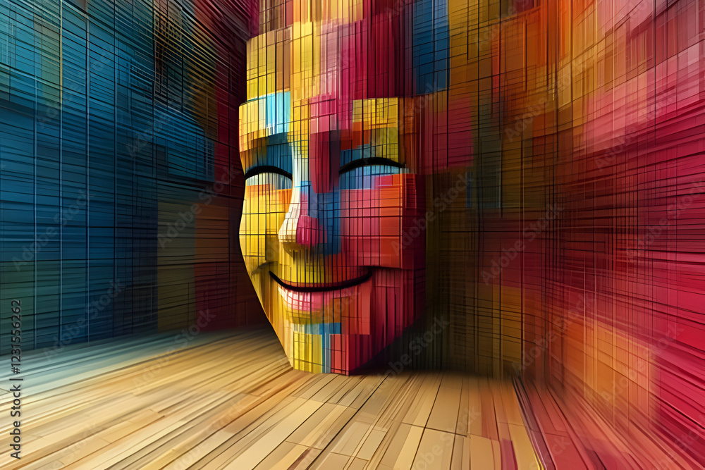 Poster joyful abstract mask: a vibrant, colorful 3d rendering of a smiling mask, constructed from multicolo