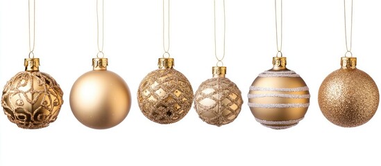 Elegant collection of seven golden Christmas ornaments in varying textures and designs, arranged in a linear fashion, against a white background.